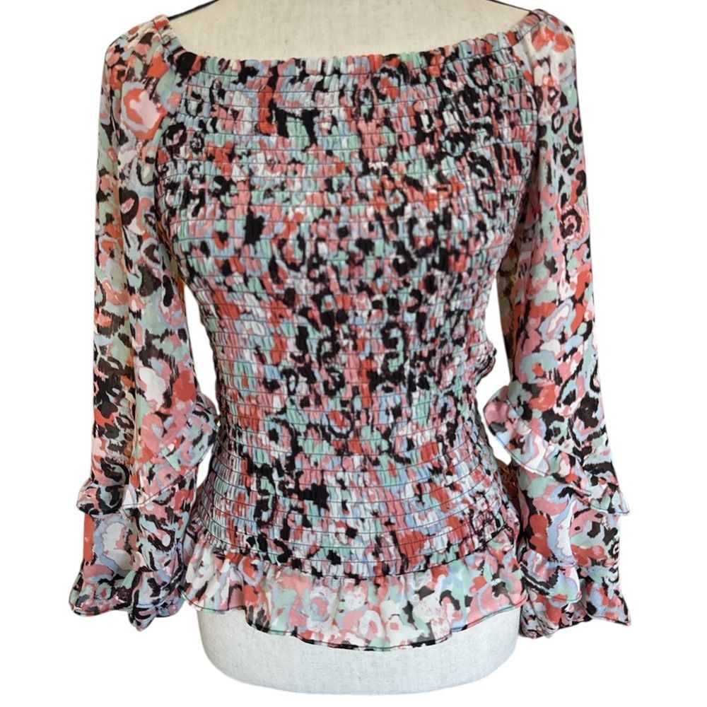 Bar III Smocked Floral Blouse Off Shoulder Ruffle Sleeve Peplum Top Size Medium